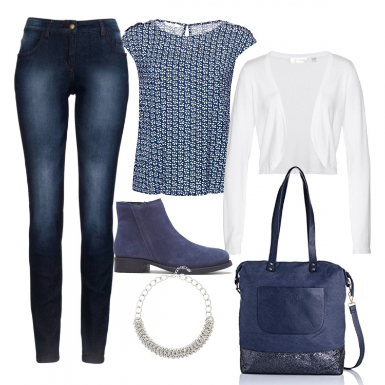 Outfit donna - Basic #19526. Stile Basic per Scuola/Università. Abbinamento con jeans skinny, collana argento, stivaletti blu, bolero, camicia, borse a spalla.
