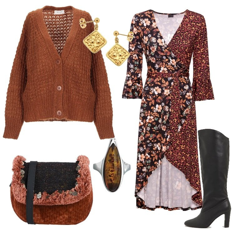 Outfit donna - Vestito a portafoglio e cardigan. Stile Etnico per Tutti i giorni. Abbinamento con maglieria, cardigan, borsa a tracolla, stivali in ecopelle tinta unita nero, anelli, orecchini.