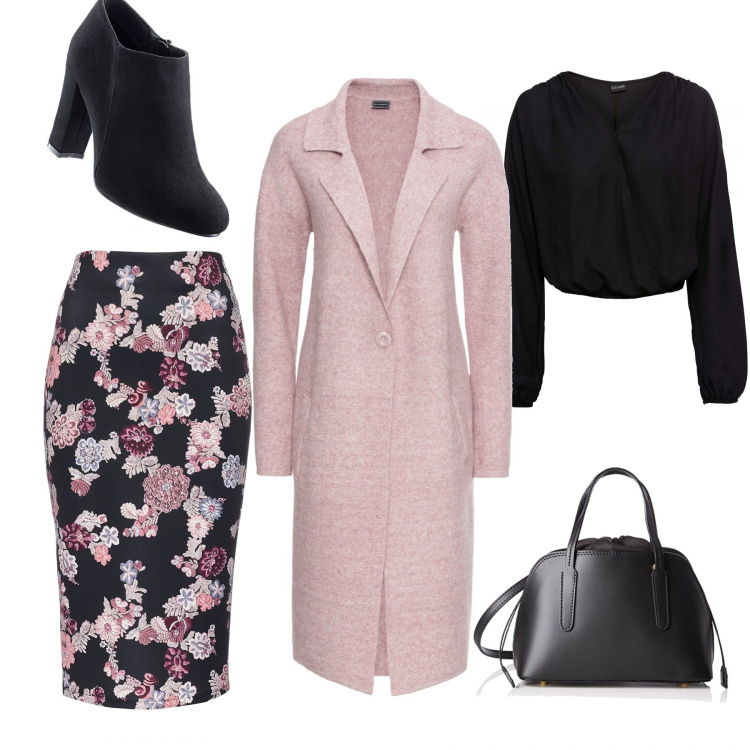 Outfit donna - Gonna a fiori. Stile Bon Ton per Tutti i giorni. Abbinamento con cappotti, blusa a portafoglio con arricciature nero, tronchetti con zip nero, gonne, borsa a mano.