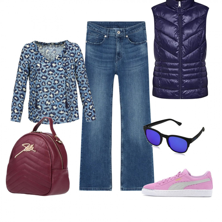 Outfit mujer - Relax. Estilo Basic para Todos los días. Combinación con vaqueros blu, pantalones cortos, gafas de sol multicolore e nero, blusa, sneakers effetto scamosciato rosa, zaino mini.