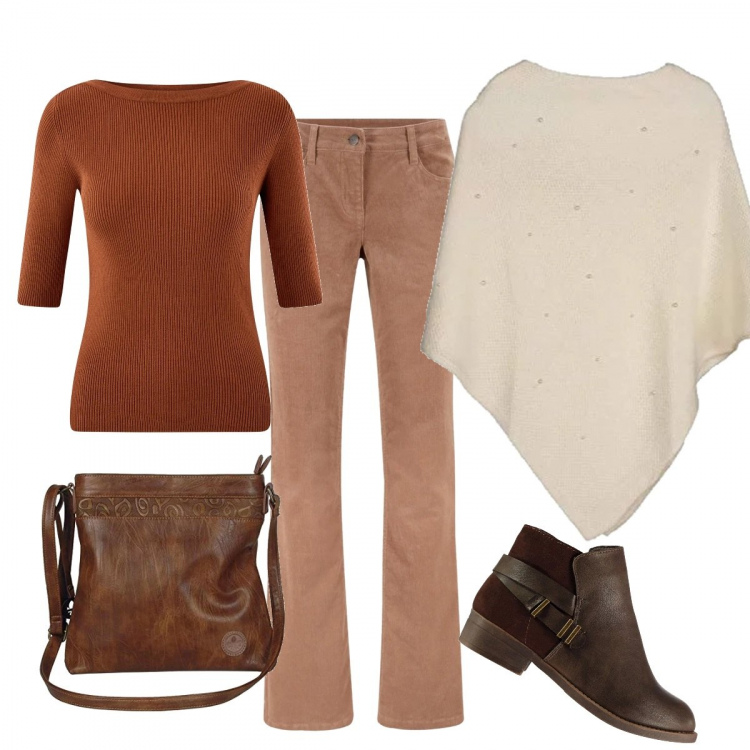 Outfit donna - Con Rufus al parco. Stile Basic per Tutti i giorni. Abbinamento con pantaloni, maglia a coste con scollo marrone, poncio con perle girocollo senza maniche in in maglia taglia unica, borsa a tracolla, stivaletti.