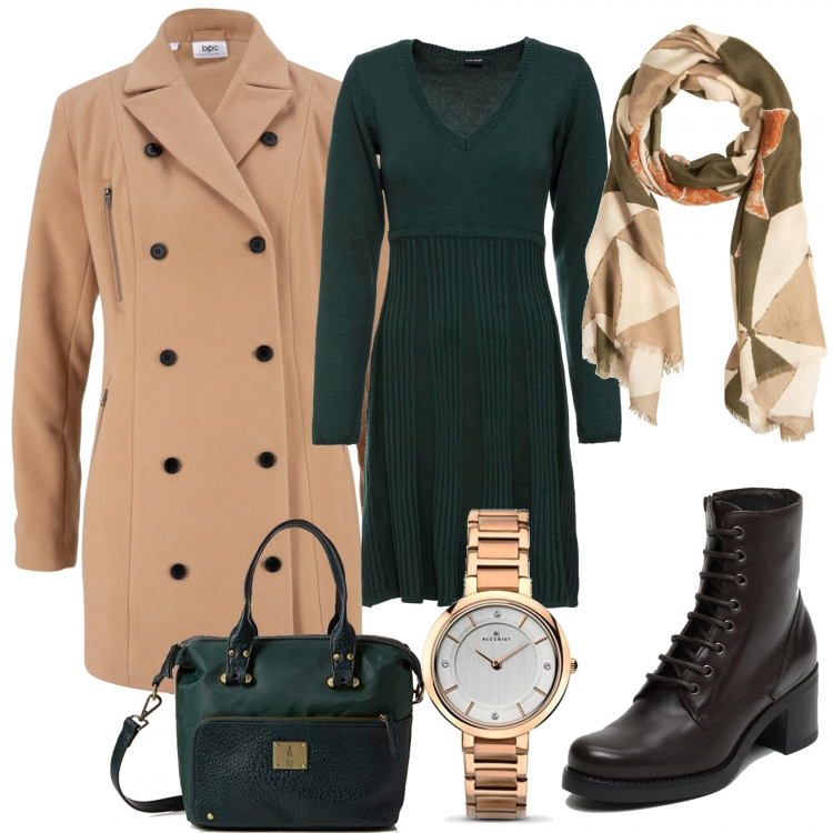 Outfit donna - Verde & oro tutti i giorni!. Stile Basic per Tutti i giorni. Abbinamento con vestiti, vestiti midi/longuette, sciarpe, tronchetti nero e marrone, borsa a spalla con manico e tracolla regolabile verde e nero, orologi analogici.