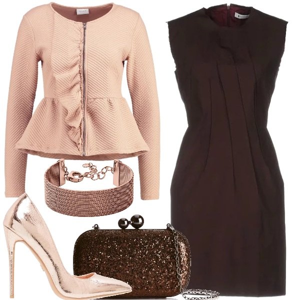Outfit donna - Tubino e décolleté. Stile Chic per Cerimonia. Abbinamento con clutch.