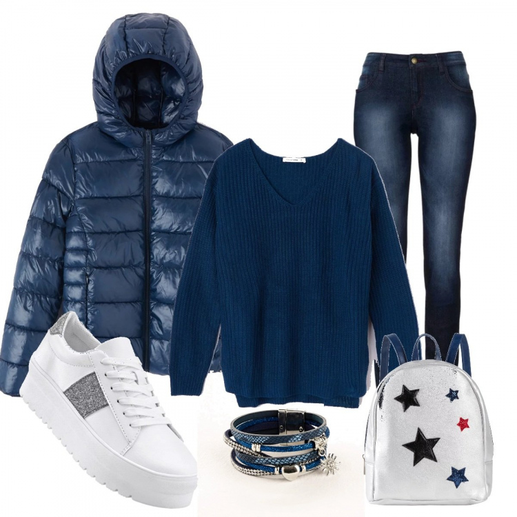 Outfit donna - Mum in blue. Stile Trendy per Tutti i giorni. Abbinamento con jeans skinny, sneakers, gonne, bracciale in pelle sintetica, maglione blu, piumino con cappuccio e zip blu.