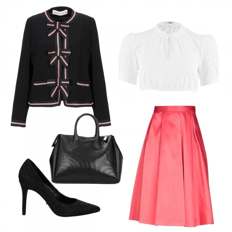 Outfit donna - Bon ton di classe. Stile Bon Ton per Tutti i giorni. Abbinamento con camicie, gonna longuette a portafoglio con zip interno sfoderato in raso tinta unita, giacca con fiocco senza tasche collo tondo a maniche lunghe interno foderato tinta unita, borsa a mano con bottoni nero, décolleté con strass nero.