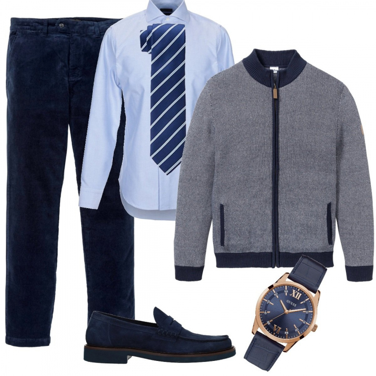 Outfit uomo - Cravattave cardigan con cerniera. Stile Business/Elegante per Tutti i giorni. Abbinamento con cardigans, reggiseni, orologi, camicia, scarpe stringate, cravatte e papillon taglia unica blu scuro.