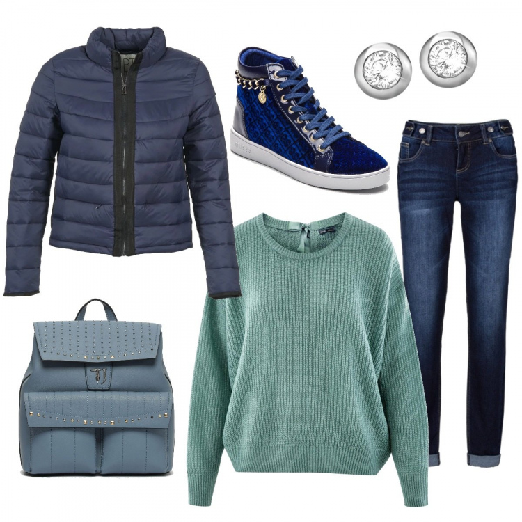 Outfit donna - Bimbi a scuola. Stile Basic per Tutti i giorni. Abbinamento con jeans boyfriend, piumini, sneakers blu, maglioni, zaino con bretelle a calamita fondo con piedini blu, orecchini in argento 925 argento.