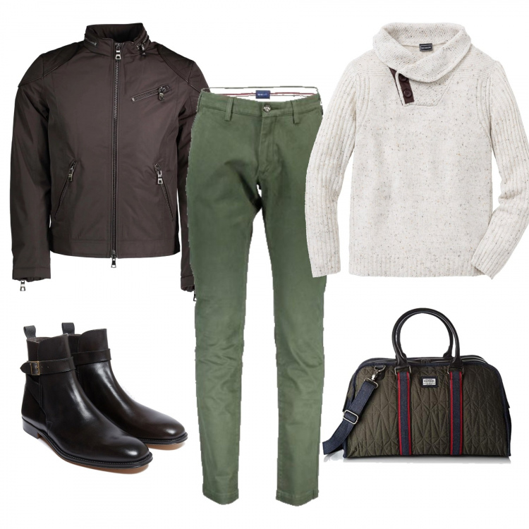 Outfit uomo - Verde mix. Stile Casual per Tutti i giorni. Abbinamento con maglieria, giubbotto con zip in denim con tasche marrone, pantaloni, stivaletti con fibbia e punta quadrata nero, borsa a mano.