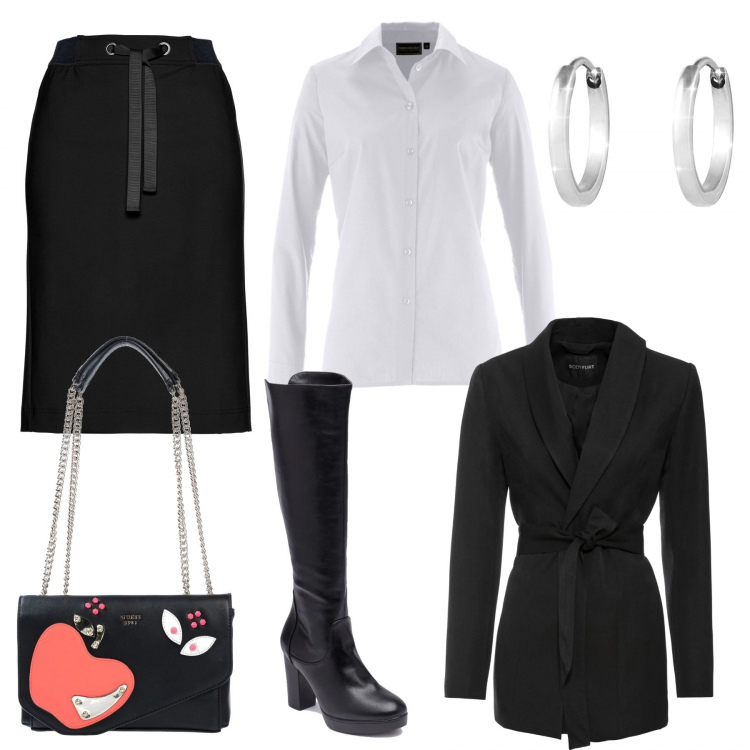 Outfit donna - Sempre perfetta la camicia bianca. Stile Bon Ton per Ufficio. Abbinamento con camicie, blazer con cintura nero, pantaloni, borsa a spalla contrasto taglia media doppio manico interno foderato in pelle sintetica tinta unita, stivali nero, orecchini.
