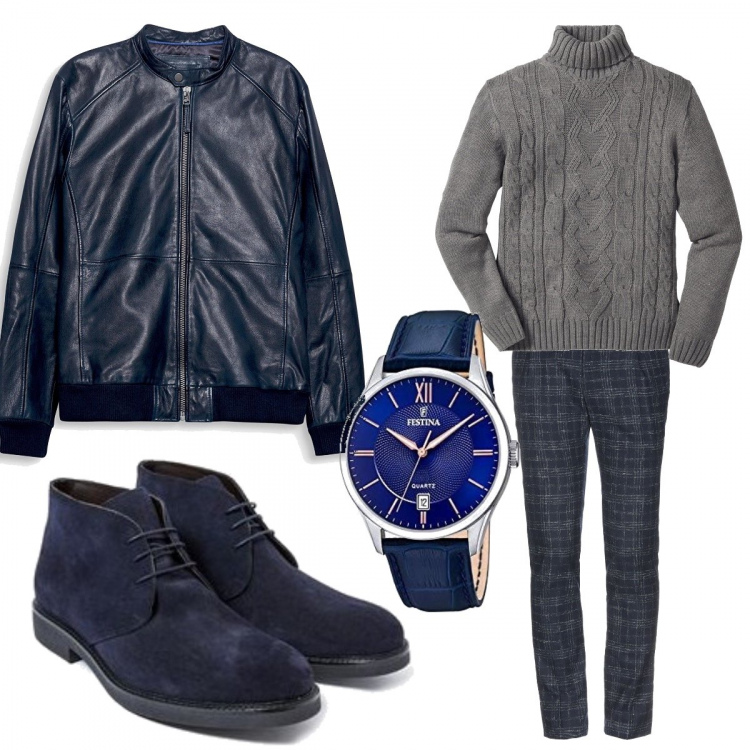 Outfit uomo - In ufficio con un tocco casual. Stile Casual per Ufficio. Abbinamento con maglieria, pantalone fantasia con zip in flanella con bottoni, giacca navy, scarpe casual effetto scamosciato con punta tonda blu, orologi.