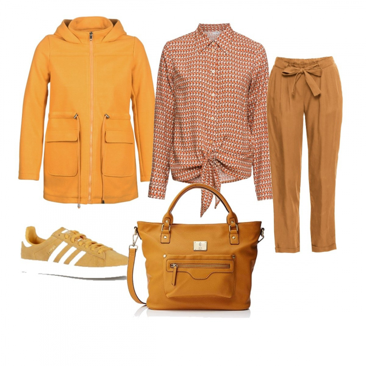 Outfit donna - Colori caldi. Stile Basic per Tutti i giorni. Abbinamento con shopping bag, camicie, cappotti, scarpe giallo, borse a mano.