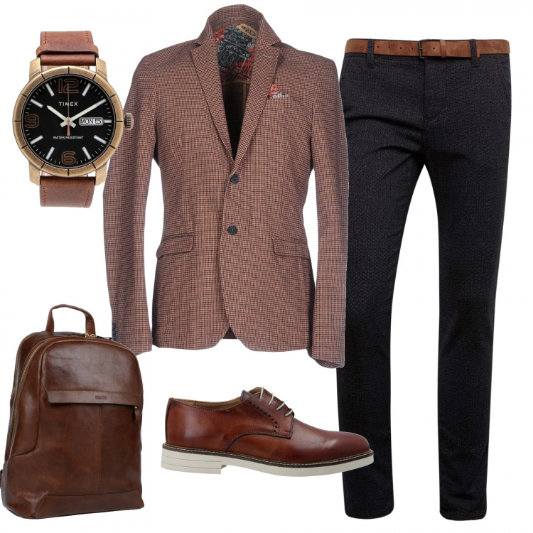 Outfit uomo - Ufficio in autunno. Stile Urban per Ufficio. Abbinamento con giacca contrasto collo con revers a maniche lunghe interno semi-foderato in flanella monopetto, scarpe stringate, zaino, orologi, pantaloni.