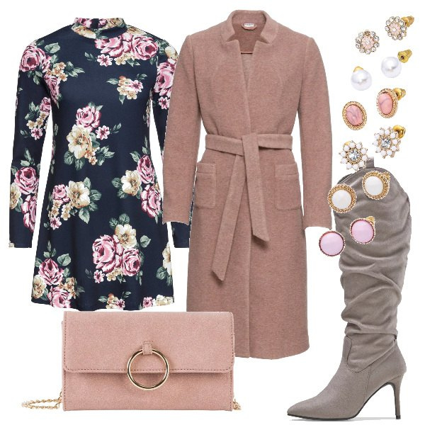 Outfit donna - Sexy #4065. Stile Sexy per Serata fuori. Abbinamento con cappotti, top, vestito fantasia floreale jersey blu, stivali con zip grigio, orecchini.