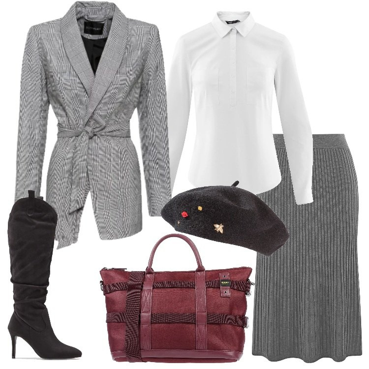 Outfit donna - Must have camicia bianca. Stile Trendy per Ufficio. Abbinamento con cappelli e berretti, blazer con cintura nero, blazer, borsa maxi con zip interno foderato in tessuto tecnico tinta unita, gonne lunghe, camicia con taschini elasticizzato bianco.