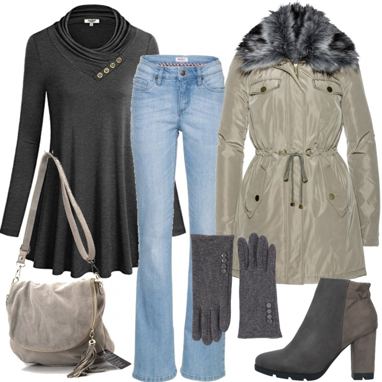 Outfit donna - Il giubbotto di novembre. Stile Basic per Tutti i giorni. Abbinamento con jeans bootcut, vestiti lunghi, stivaletti, guanti melange con bottoni grigio, borsa a tracolla grigio, camicia.