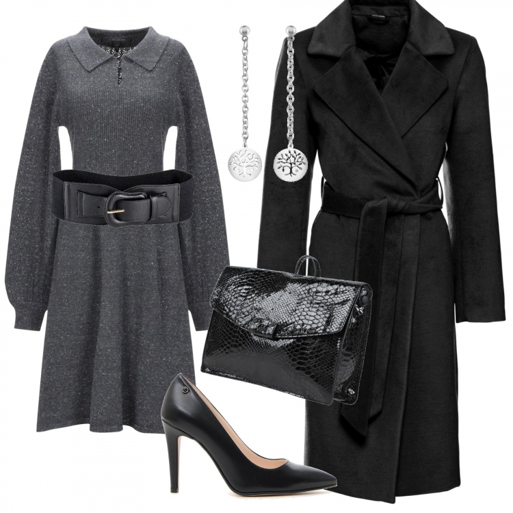 Outfit donna - Refinement Melania Trump. Stile Bon Ton per Tutti i giorni. Abbinamento con cinture, cappotti, vestito corto fantasia multicolore lavorato a maglia collo classico a maniche lunghe interno sfoderato in seta con bottoni, zaini, décolleté, orecchini.