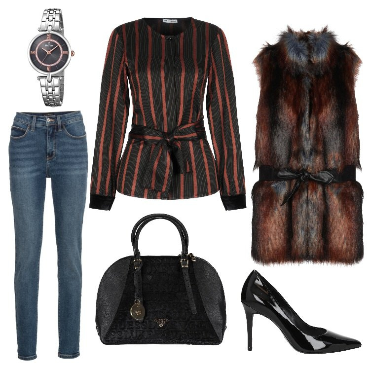 Outfit donna - Righe chic. Stile Chic per Serata fuori. Abbinamento con jeans skinny, camicia, ecopelliccia in pelle sintetica, décolleté effetto vernice nero, zaini, orologio analogico con cinturino in acciaio inox.