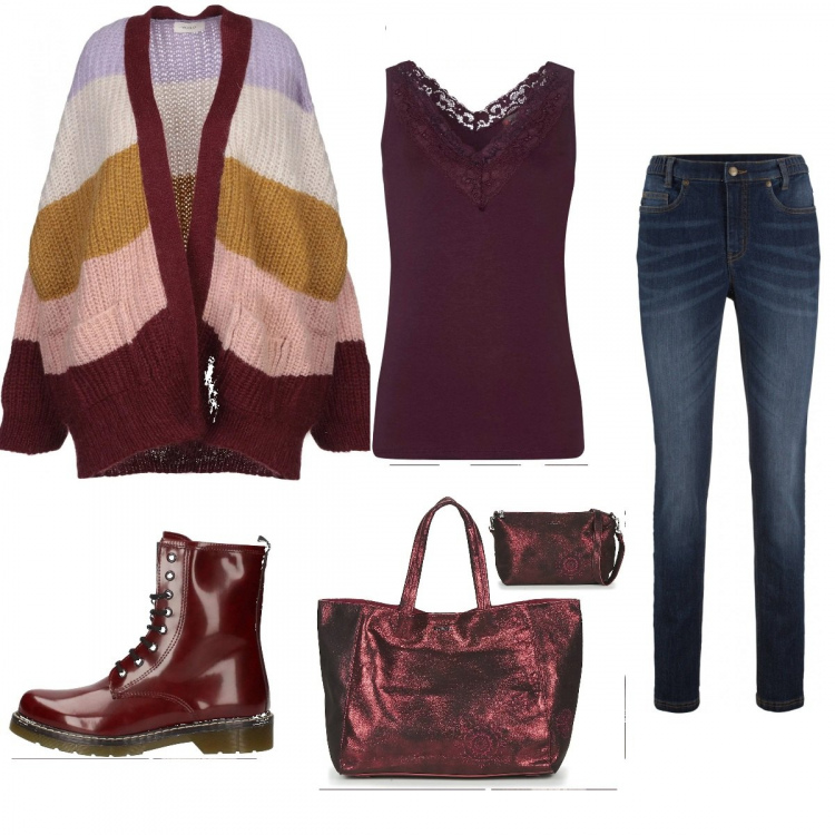 Outfit donna - Rosso vino per curvy. Stile Rock per Tutti i giorni. Abbinamento con jeans skinny, cardigan melange lavorato a maglia scollatura profonda a maniche lunghe taglia media in mohair con tasche, borsa, stivali, vestaglie.