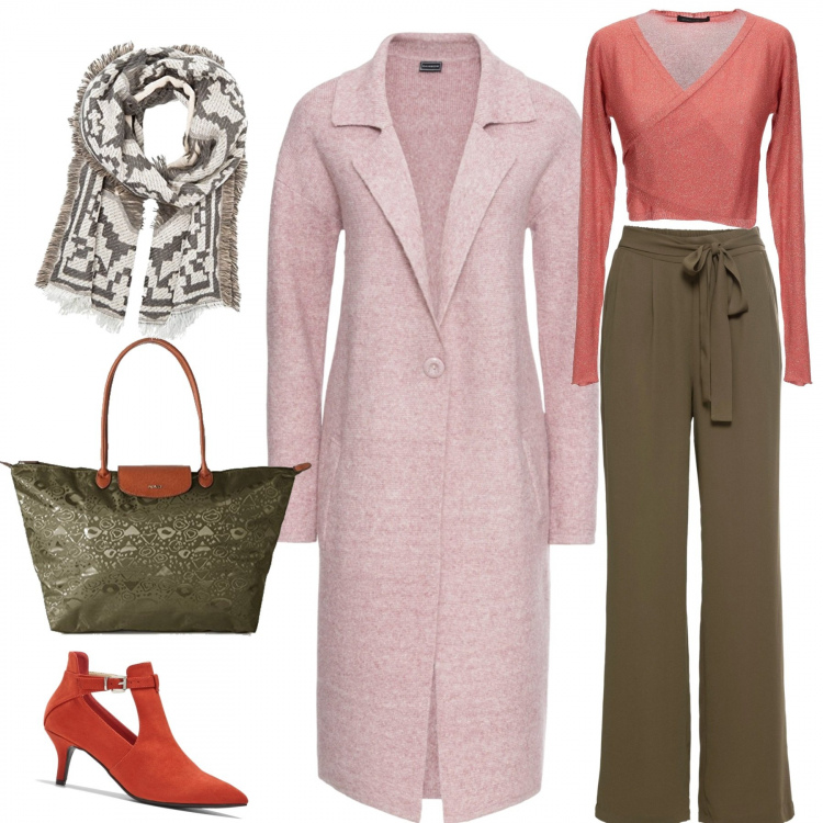 Outfit donna - Questione di feeling. Stile Trendy per Cerimonia. Abbinamento con cappotti, pantalone palazzo con tasche verde, tronchetti con aperture rosso, scaldacuore lavorato a maglia scollatura profonda a maniche lunghe tinta unita, borse tote, sciarpe.