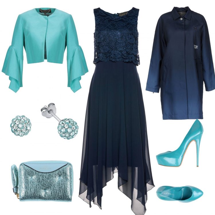 Outfit donna - Madrina turchina. Stile Chic per Cerimonia. Abbinamento con vestiti midi/longuette, blazer, soprabito fantasia collo classico a maniche lunghe con zip interno foderato in tessuto tecnico monopetto, décolleté effetto vernice con tacco spillo e punta tonda tinta unita, portafoglio effetto laminato con zip tinta unita, orecchini argento e turchese.
