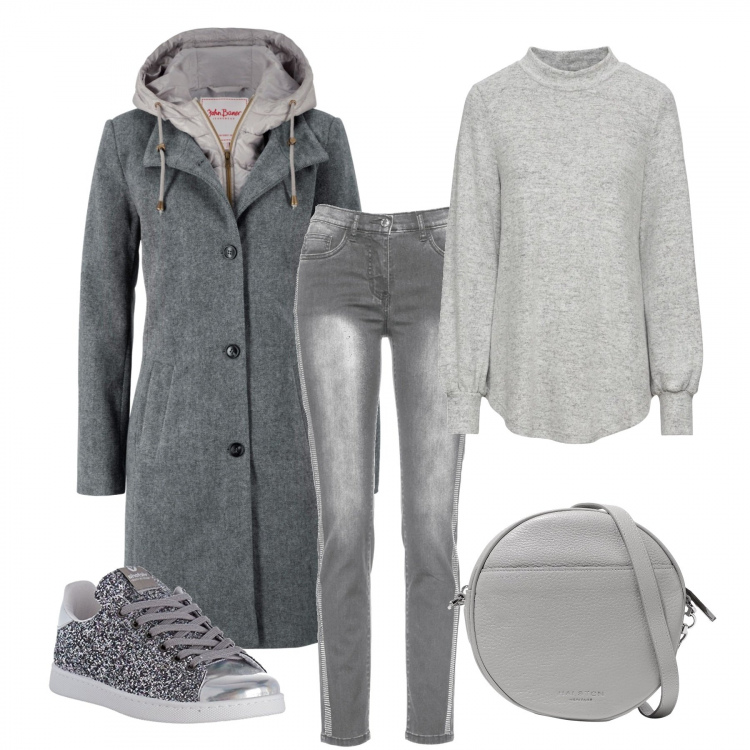 Outfit donna - Quando il cappotto diventa sportivo. Stile Urban per Tutti i giorni. Abbinamento con cappotti, maglia forma svasata grigio, vestiti, borsa a tracolla in pelle martellata taglia media con zip tinta unita, sneakers.