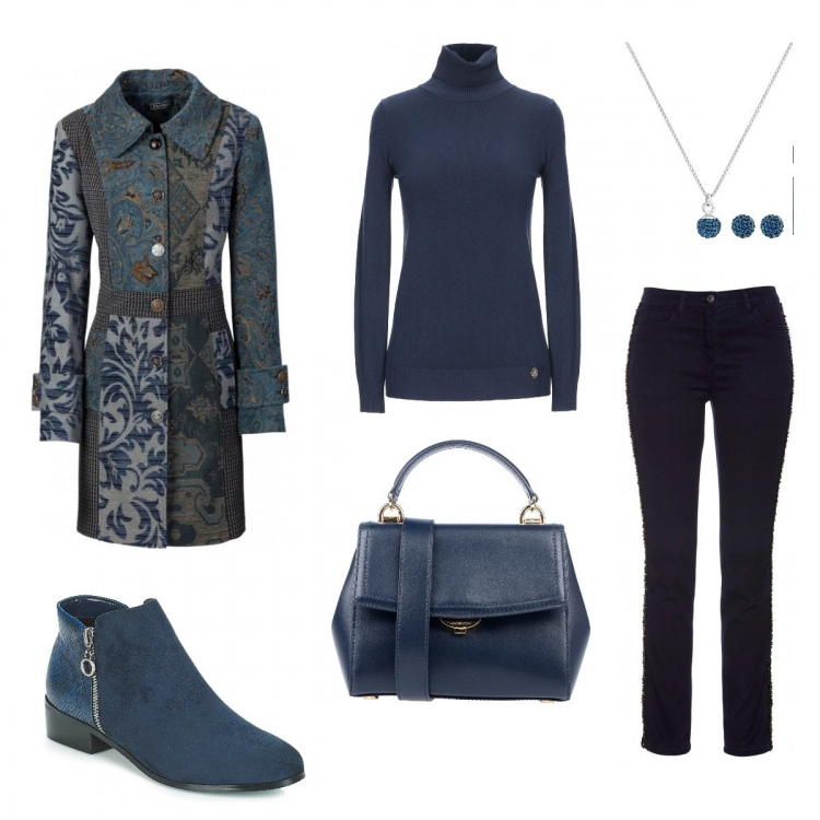 Outfit donna - blu curvy. Stile Bon Ton per Tutti i giorni. Abbinamento con cappotti, gonne longuette, maglioncino lavorato a maglia collo a dolcevita a maniche lunghe tinta unita, borse a mano, stivaletti blu, collane.