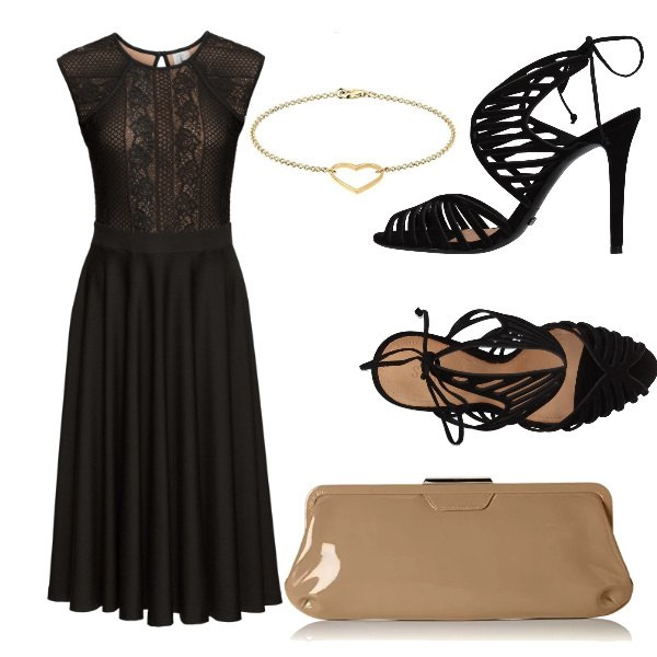 Outfit donna - Soirée. Stile Bon Ton per Serata fuori. Abbinamento con vestiti, sandali col tacco, pochette con zip beige, braccialetti.