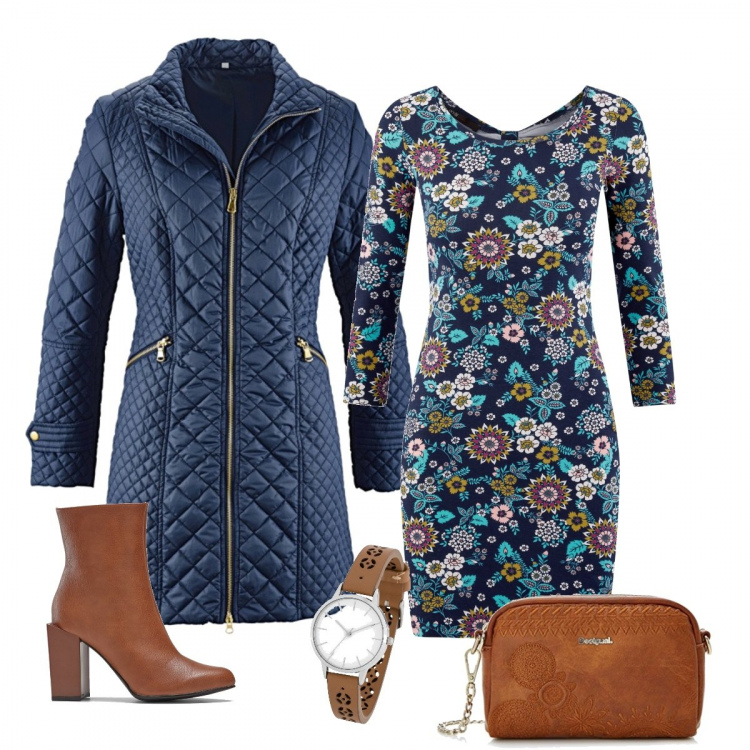 Outfit donna - Guarda che prezzo. Stile Trendy per Tutti i giorni. Abbinamento con blazer, pantaloni chino, orologi, vestito a goccia aderente blu, borsa a mano marrone.