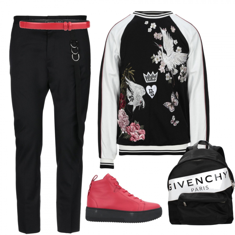 Outfit uomo - Passeggio in centro. Stile Trendy per Tutti i giorni. Abbinamento con zaino, felpa senza tasche fantasia floreale con ricamo collo tondo a maniche lunghe interno foderato in cotone vestibilità ampia, cinture, sneakers alte, pantalone gamba cono contrasto vita alta interno foderato tinta unita.