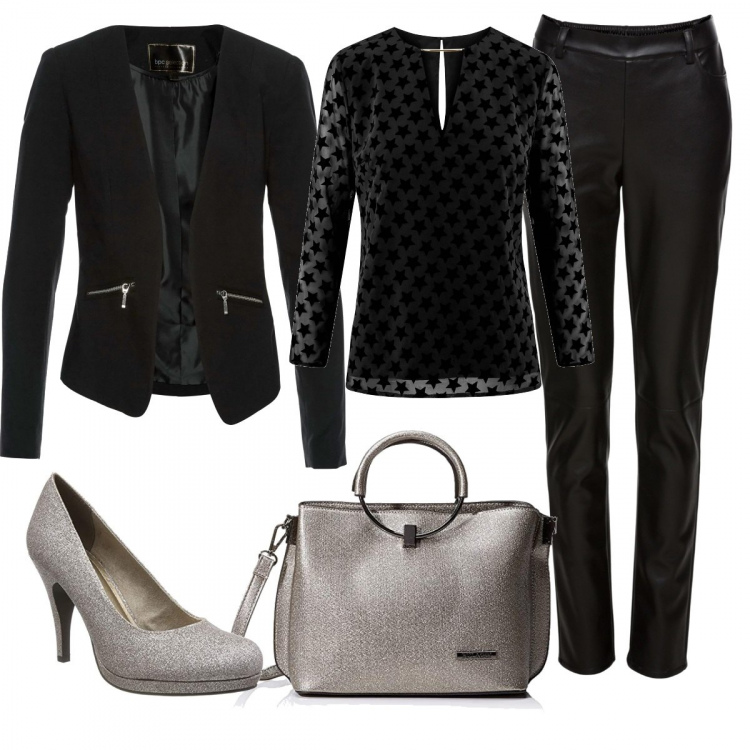 Outfit donna - Chiffon a stelle. Stile Basic per Serata fuori. Abbinamento con blazer, pantaloni, camicetta con stampa e scollo nero, borsa zainetto argento, scarpe col tacco con plateau argento.
