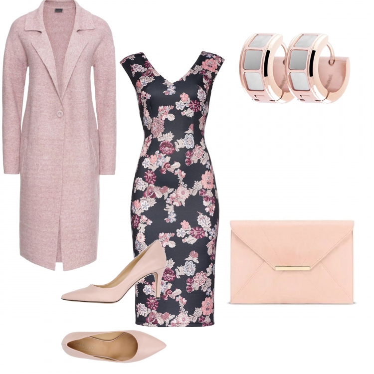Outfit donna - Battesimo in inverno. Stile Chic per Cerimonia. Abbinamento con cappotti, décolleté con tacco spillo interno foderato a punta tinta unita, vestito al ginocchio con scollo senza maniche aderente nero, pochette, orecchini effetto lucido in oro rosa.