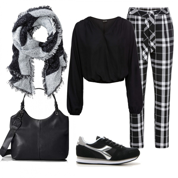 Outfit donna - Pantalone a quadri. Stile Basic per Tutti i giorni. Abbinamento con sciarpe, pantalone lungo, blusa a portafoglio con arricciature nero, sneakers, borsa tote in denim nero.