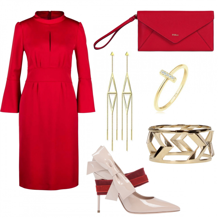 Outfit donna - Red Winter ceremony. Stile Chic per Cerimonia. Abbinamento con décolleté con fiocco effetto vernice con tacco spillo a punta in velluto tinta unita, pochette, braccialetti, vestito elegante rosso, anello, orecchini.