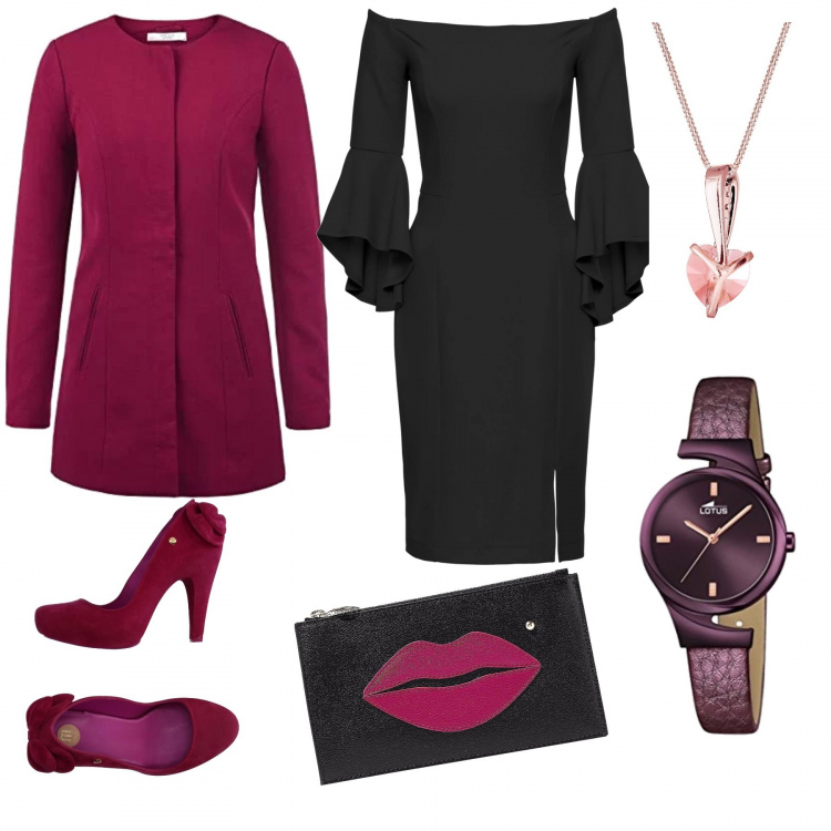 Outfit donna - Donna con la D maiuscola!. Stile Bon Ton per Cerimonia. Abbinamento con vestiti midi/longuette, décolleté con fiocco e tacco squadrato con punta tonda in velluto tinta unita, pochette con zip in pelle tinta unita, cappotto girocollo con bottoni rosso, orologi analogici, ciondoli.