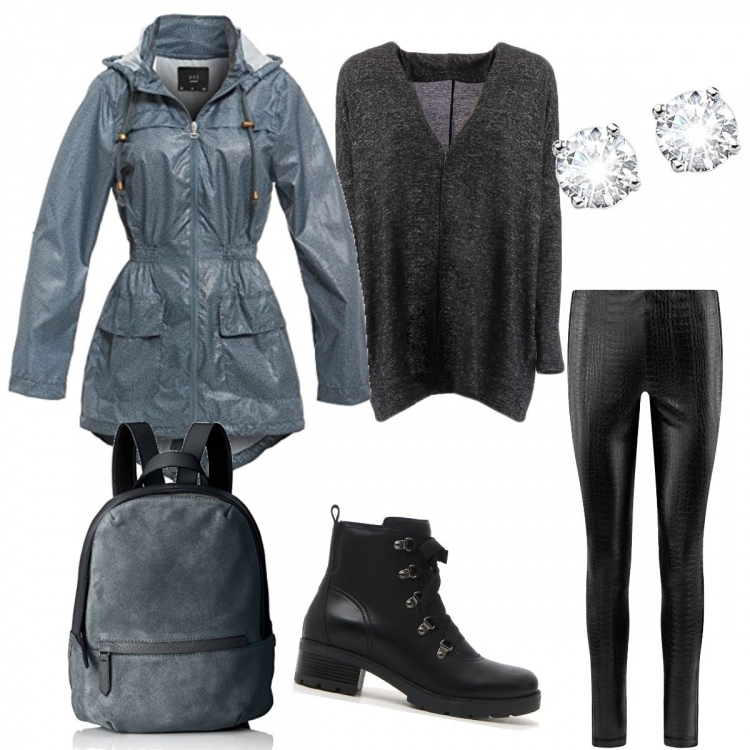 Outfit donna - Inverno alle porte. Stile Basic per Tutti i giorni. Abbinamento con maglione, leggings in in maglia aderente nero, giacca grigio, stivaletti, orecchini in argento 925 argento, zaino petite effetto scamosciato grigio.