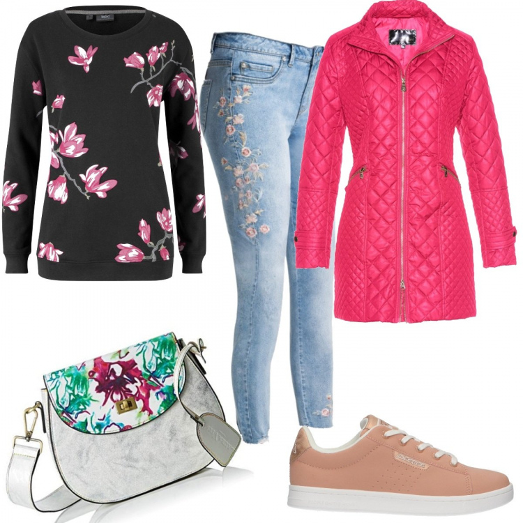 Outfit donna - Look a fiori. Stile Basic per Scuola/Università. Abbinamento con felpe, giacca lunga con zip, jeans, sneakers, borse a spalla.