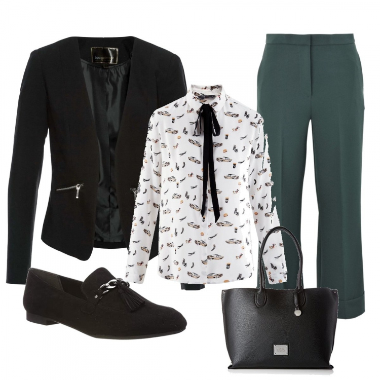 Outfit donna - Al cinema con le amiche. Stile Trendy per Serata fuori. Abbinamento con blazer, pantalone wide leg vita alta con zip crêpe, camicie, borsa a spalla nero, mocassini nero.