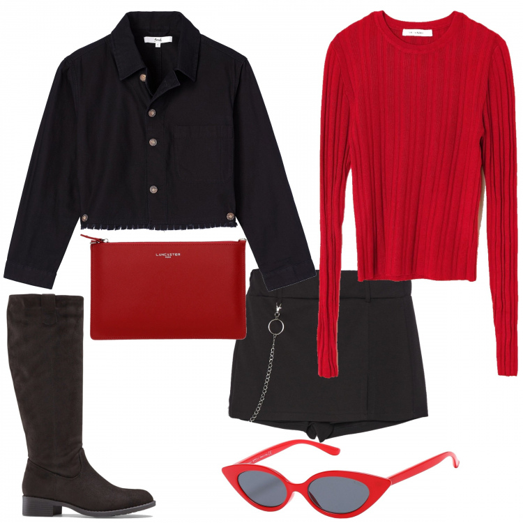 Outfit donna - Red passion. Stile Trendy per Tutti i giorni. Abbinamento con stivali, occhiali da sole lenti colorate montatura in plastica, shorts con catena nero, maglia a coste girocollo a maniche lunghe tinta unita rosso, pochette, giacca colletto classico a maniche lunghe con orlo nero.