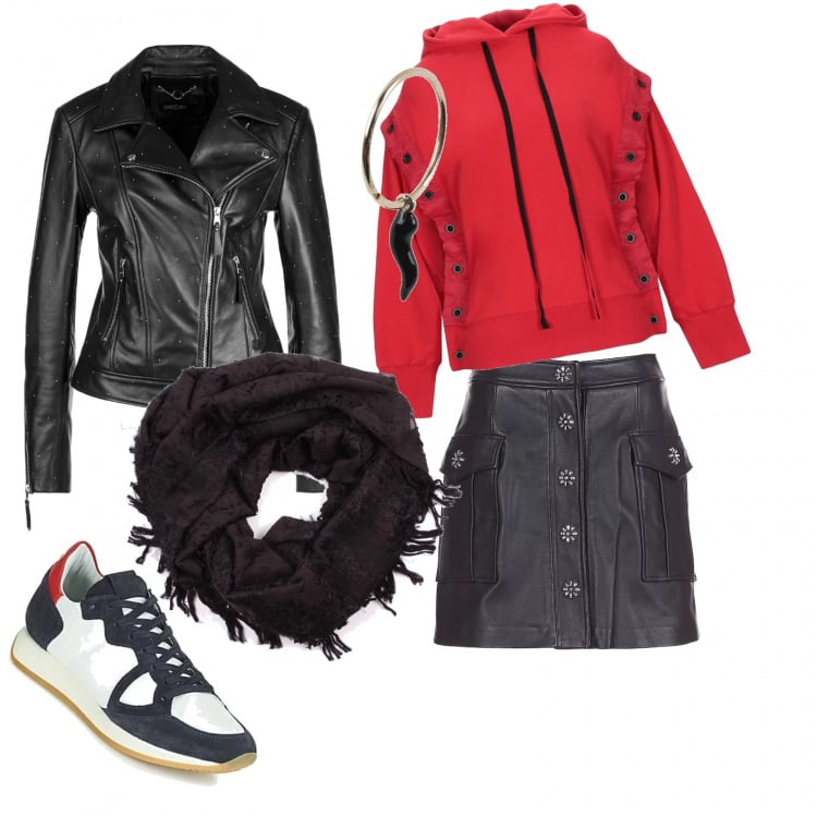 Outfit mujer - Casual invierno. Estilo Chic para Todos los días. look ideal para Petite. Combinación con cappotto nero, sneakers multicolore, gonna, sciarpa, top, pendientes.