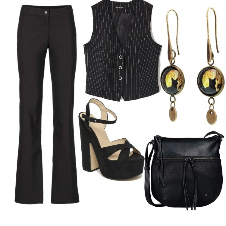 Outfit donna - Urban in office. Stile Urban per Ufficio. Abbinamento con pantaloni, gilet nero, orecchini nero, borsa a tracolla nero, sandali con plateau effetto scamosciato con fibbia interno in pelle con punta tonda nero.