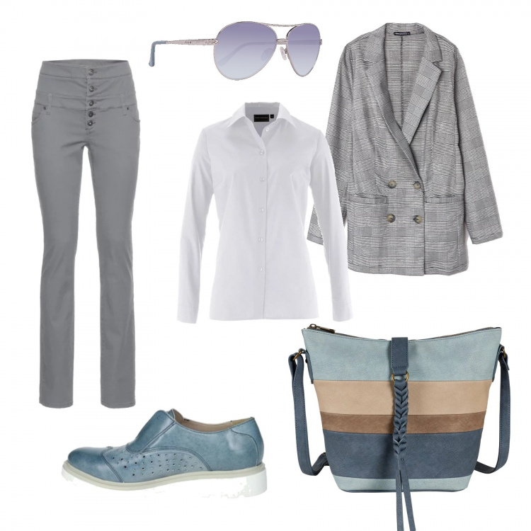 Outfit donna - Easy day. Stile Urban per Ufficio. Abbinamento con camicie, pantaloni skinny, borse a tracolla, giacca doppiopetto lunga fantasia bianco, scarpe stringate, occhiali da sole argento.