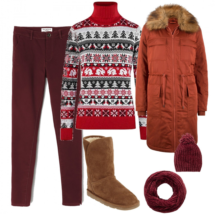 Outfit donna - Natale in baita. Stile Basic per Tutti i giorni. Abbinamento con vestiti midi/longuette, berretto, pantalone skinny twill bordeaux, stivali marrone e cammello, maglioni.