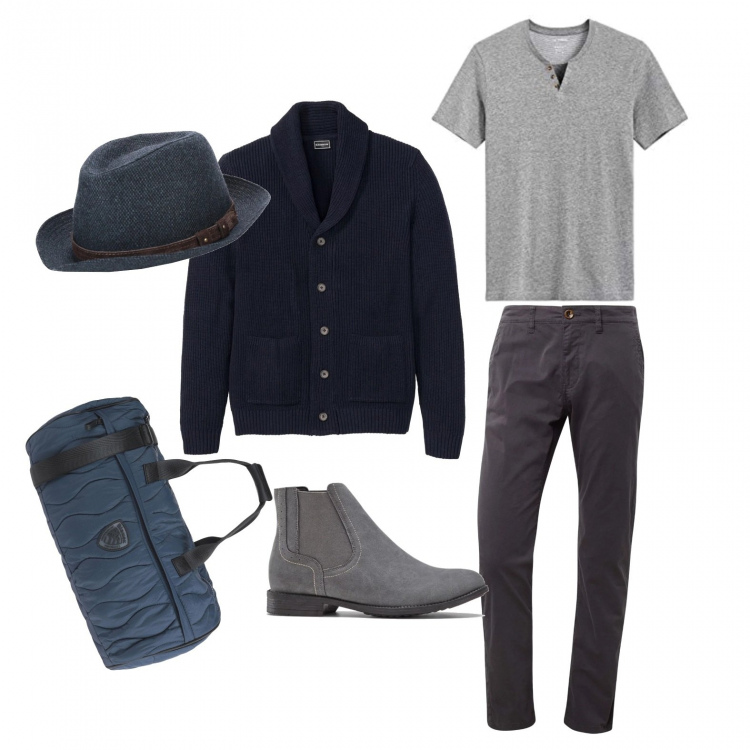 Outfit uomo - Casual #5085. Stile Casual per Tutti i giorni. Abbinamento con cappello, borsone doppio manico interno foderato in tessuto tecnico tinta unita, cardigan in materiale riciclato con bottoni blu, jeans straight grigio, scarponcini chelsea grigio, t-shirt taglia media in cotone grigio.