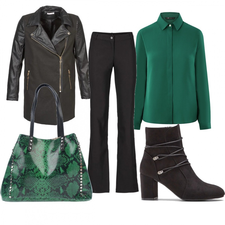 Outfit donna - Total look #371294. Stile Bon Ton per Ufficio. Abbinamento con pantaloni, stivaletti, borsa a spalla maxi con stampa effetto vernice doppio manico interno foderato, cappotto nero, camicie.