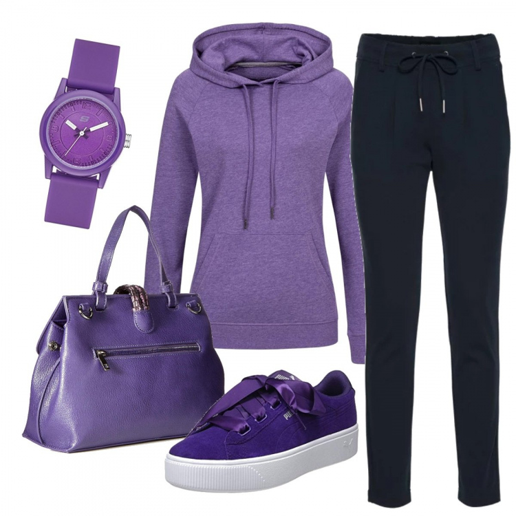 Outfit donna - Felpa viola. Stile Basic per Scuola/Università. Abbinamento con pantaloni, felpa con cappuccio viola, scarpe da ginnastica viola, borsa zainetto viola, orologio analogico.