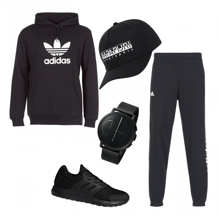 Outfit uomo - Serata footing. Stile Casual per Sport. Abbinamento con felpe, scarpe nero, pantalone sport nero, cappello baseball con stampa interno sfoderato twill.