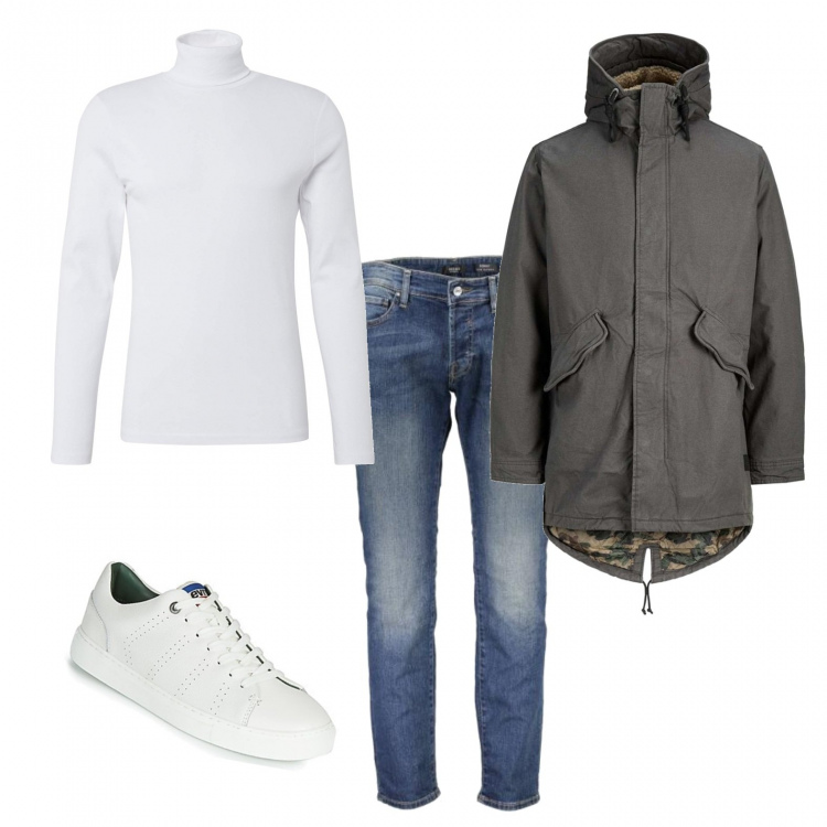 Outfit uomo - Casual #5096. Stile Casual per Tutti i giorni. Abbinamento con giubbotto grigio, scarpa sportiva, t-shirt a maniche lunghe viola e bianco, jeans in denim con bottoni blu.
