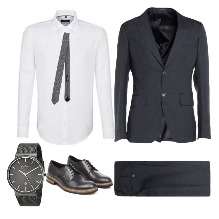 Outfit uomo - Matrimonio. Stile Business/Elegante per Cerimonia. Abbinamento con abiti, cravatte e papillon pied de poule in raso, scarpe grigio, camicie, orologio analogico con cinturino.