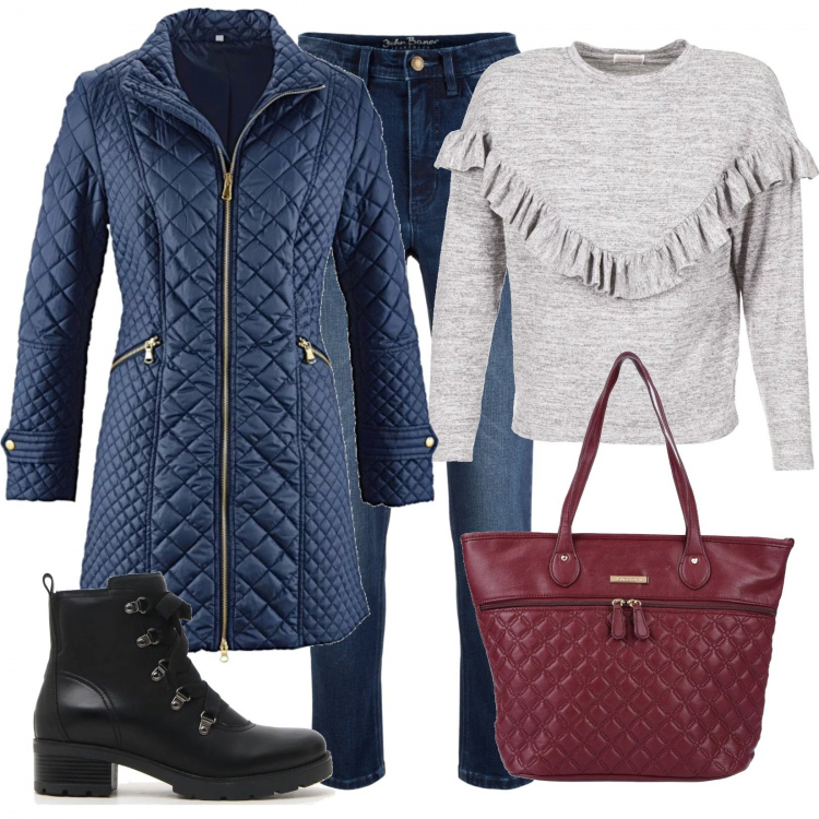 Outfit donna - Casual matelassé. Stile Urban per Tutti i giorni. Abbinamento con blazer, shorts, borsa a mano taglia media con zip interno foderato in pelle sintetica tinta unita, maglieria, stivaletti.