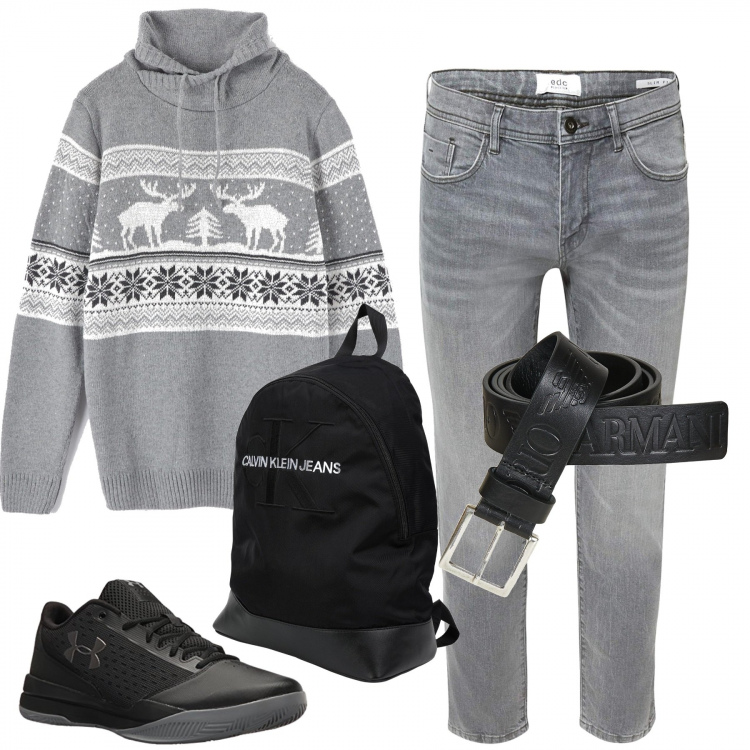 Outfit uomo - Pranzo di Natale. Stile Casual per Tutti i giorni. Abbinamento con cintura nero, zaino, maglione melange jacquard grigio, jeans slim fit elasticizzato grigio, scarpe basket nero.